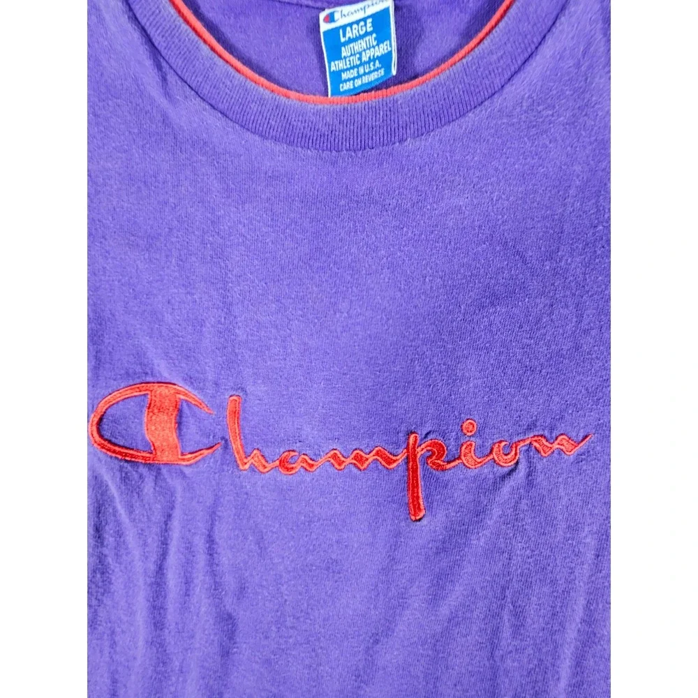 Vintage Champion T Shirt Mens Large Purple Red Script Logo Made in USA 90s - Picture 5 of 10
